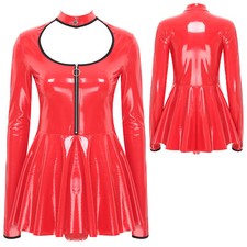 UK Womens Wet Look PVC Leather Mini Pleated Dress Cutout Zipper Club Party Dress