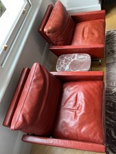 RARE PAIR 1960s Poul Kjaerholm E Kold Christensen PK31 Red Leather Lounge Chairs