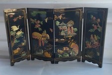 Vintage Chinese Black Lacquer 4 Panel Table Screen Carved Jade & Stone 17 Tall