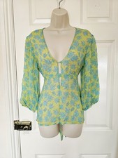 Allegra Hicks Green Leaf Balloon Sleeve Kaftan Silk Semi Sheer Tie Back Top 10