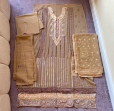 ladies 3 piece beige and gold asian unstitched suit/ shalwar kameez