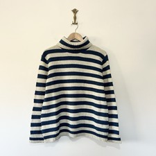 Seasalt Braque Wool Roll Neck Jumper Breton Striped Navy Blue Beige RRP £75.95