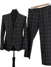 Lambretta suit Mens 38 in chest 34W 29L slim short grey window pane polyester