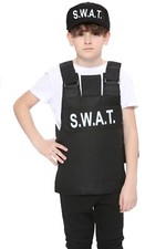 Kids Black SWAT Vest & Hat Costume Set Christmas Present Idea Fancy Dress Childs