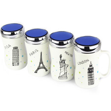 Ceramic Tea Coffee Mugs with Glass Lids, Travel Mugs Rubber Seal Screw Lid