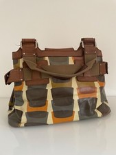 Orla Kiely Brown Leather and Canvas Patterned Shoulder Bag