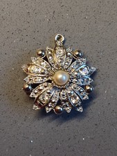 Vintage Silver Tone Sunburst Brooch/Pendant, With Marcasite, Rhinestones & Pearl