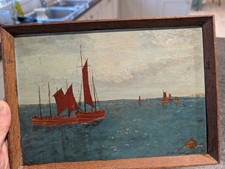 Antique Oil Painting Of Red Fishing Boats At Sea By J H Rush 1911  Wooden Frame