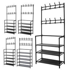 Large 8 Hooks Coat and Hat Stand Metal Shoe Rack 3/4/5 Tiers Shelf Hanger Black