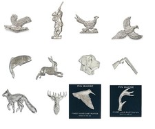 English Pewter Lapel  Coat Hat Pin Badge pheasant fish shooting hare grouse dog
