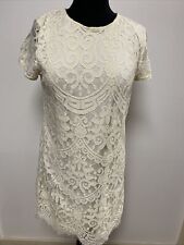 Lipsy Cream Lace Dress UK10 Cap Sleeve Lined Knee Length Scalloped Hem Button