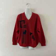 VINTAGE GABICCI JUMPER - XL - RED - RETRO GRANDAD WOOL BLEND KNIT GEOMETRIC