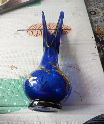 Blue gold art glass vase - art,