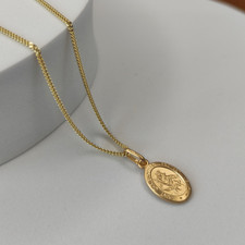 Gold on Silver Small Oval St Christopher Pendant Necklace with 18 inch Chain