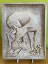 Richard Fisher Lakeland Deer Plaque Doe & Fawn 1960s Chalk/Plaster Fine Designs
