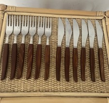 Vintage Sheffield Stainless Steel Cutlery Teak Handle Wood 6x Fork 6x Knife MCM
