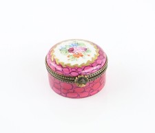 LIMOGES, FRANCE ENAMEL PINK FLORAL ROUND PILL TRINKET BOX