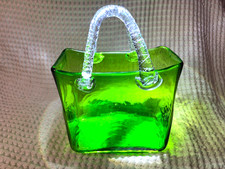 Antique Murano Art deco Green Glass hand bag vase with twisted Handles c.1910