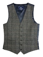 Mens Grey Tweed Check Waistcoat Vest Peaky Blinders Wedding Suit Wool Blend