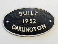 OLD RAILWAY LOCOMOTIVE WORKSPLATE - BUILT 1952 DARLINGTON