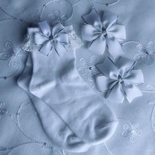 White girls school bow ankle socks matching hair bow clips UK 9 - 12 Euro 27-30