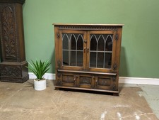 Vintage Oak Glazed Bookcase Leaded Glass Shelf By Reprodux Cabinet Cupboard.