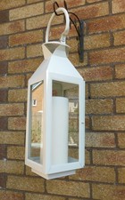 Large White Metal Pillar Candle Holder Hanging Lantern Outdoor / Indoor