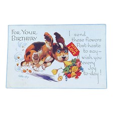 G E Studdy 1920s Valentines Post Card For Your Birthday Dog Flowers