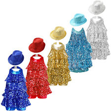 UK Kids Girls Halter Neck Modern Jazz Latin Ballet Dance Leotard Dress with Hat