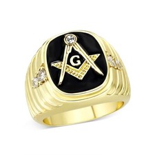 Mens gold masonic ring black onyx cz  signet pinky 18kt ION military classy