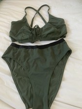 Pour Moi Women's Khaki Green Bikini Top Size 36FF Bottoms Size 16 Front Lace Up