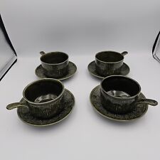 Set of 4 Vintage 1970s Dark Green Ceramic Soup Mugs Tea Coffee Cups w/ Saucers