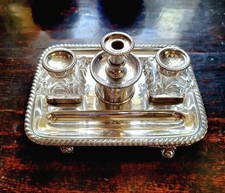Antique George IV Ink Stand Silver Plate & Double Cut Glass Inkwells c. 1830