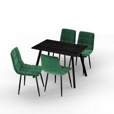 110cm Dining Table & 4 Pcs Velvet Chairs Set Modern Metal Kitchen Furniture