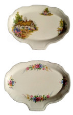 RARE Two Serving Plates with Hand Painted Flowers and Cottages by Alfred Meakin