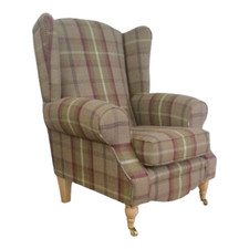Accent Wing Back Queen Anne  Arm Chair Balmoral Heather Tartan Light Wood Legs 