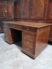 19th c Antique French Empire Office Library Pedestal Desk Tooled Tan Leather Top