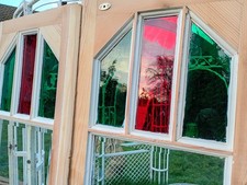 Victorian Pine French Doors Pair of Antique Doors Double Doors Coloured Glass 