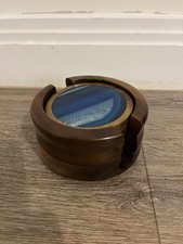 6 Beautiful Coasters Ocean Blue Agate Crystal Stone Wooden Frame In Holder