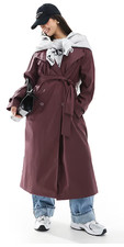 ASOS Design Rubberised Rain Hooded Trench Coat Ladies Burgundy Size Large 16-18