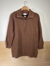 La Redoute Alpaca Blend Chunky Knit Half Zip Collar Long Jumper Brown Uk 10-12