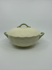 Grindley England Vine Creampetal Serving Dish With Lid Cream Green Handles