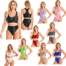 UK Womens Two Piece Swimwear Underwear Glossy Crop Tank Top High Waist Briefs
