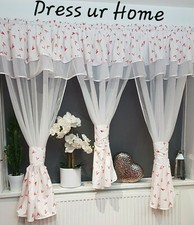 Ready made voile net curtain red hearts design girls room with tie-backs