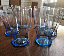 Antique Art Deco Tumbler Glass Set x6 Pale Blue Hand Blown Fluted 1930s Design
