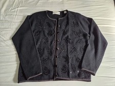 Marisa Christina Vintage Black Wool Cardigan Sequin Beaded Velvet Leaves Medium
