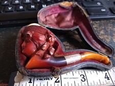 Leather cased Victorian meerschaum pipe ladies head  lovely colour