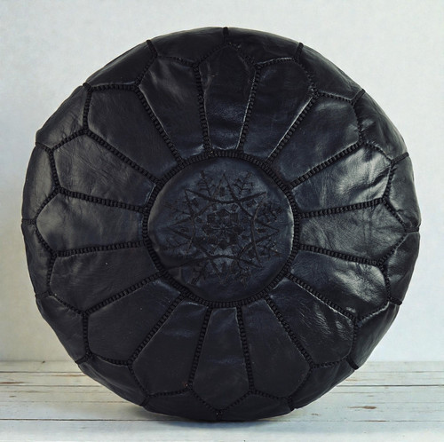 Moroccan black leather pouffe - leather,
