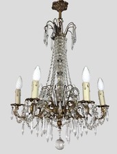 Large Gilt Bronze 6 Arm Chandelier Ceiling light With Crystal Droplets & Swags