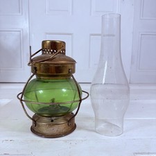 Vintage Brass Green Glass Oil Lamp Lantern with Chimney Globe 